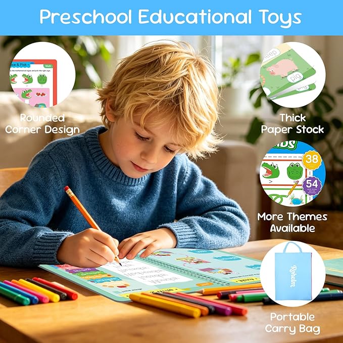 Preschool Learning Activities, Tracing Books for Kids 3+, 54 Reusable Toddler Learning Activities Book, Toddler Handwriting Practice, Montessori Travel Educational Toys, Gifts for Kids Ages 3+