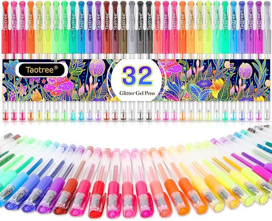 Taotree Glitter Gel Pens, 32 Colors Neon Glitter Pens Fine Tip Art Markers Set 40% More Ink Colored Gel Markers for Adult Coloring Book, Drawing Pens Art Supplies, Scrapbook, Journaling, Sparkle