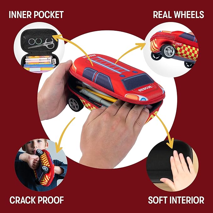 ZIPIT Fire Truck Pencil Case for Boys, Large Capacity Pencil Box for School with Spinning Wheels, Red