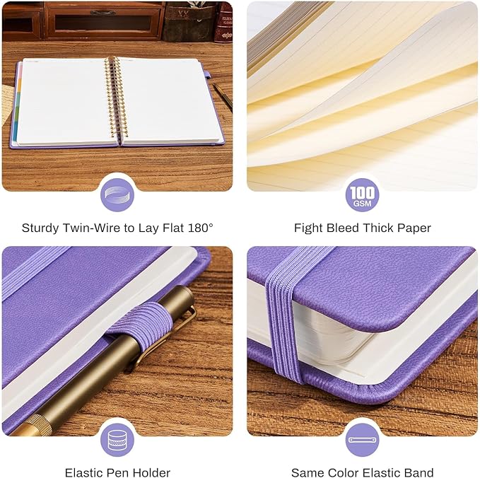 Ovesmusl Hardcover Spiral Notebook 8.5" x 11" with 5 Removable Dividers 300 Pages Leather 5 Subject Notebook College Ruled 100GSM Large Spiral Notebooks for Work Thick Lined Journal for Women, Purple