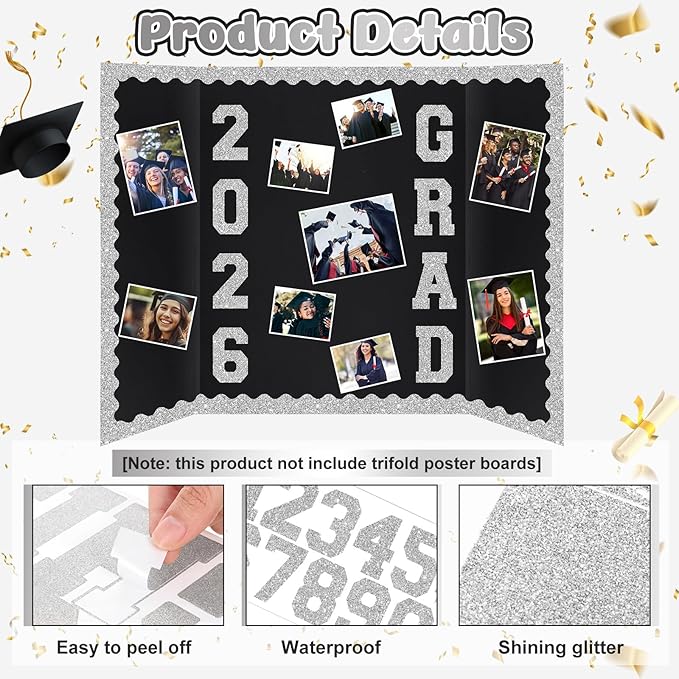 Silver 175 Pcs Graduation Photo Display Board Sticker Glitter Border Trim Alphabet Letter Number for 2026 Grad Party Trifold Poster Photo Display Event Displays Bulletin Board