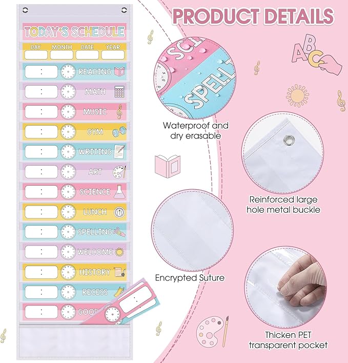 Pasimy Daily Schedule Pocket Chart for Classroom 15+1 Pockets with 31 Double Sided Reusable Cards 2 Magnetic Erasable Pens & Hangers Visual Schedule Chart School Office Home Decor (White,Pastel)