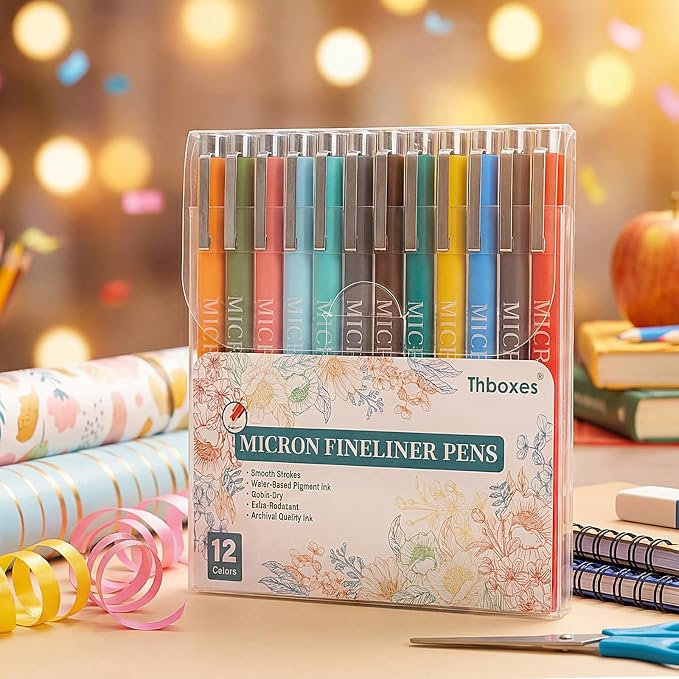 Thboxes Fineliner Pens Set, 12 Colors, 0.5mm Micro Tip, with Pouch