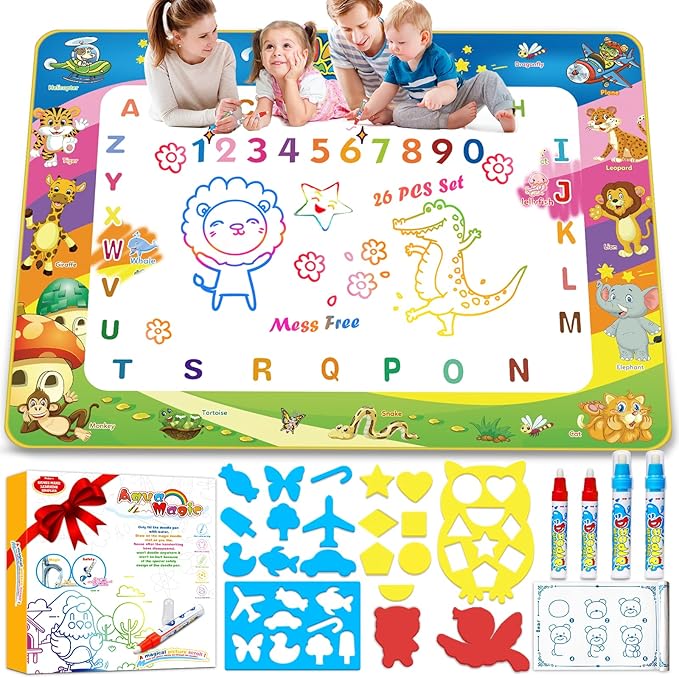 Wedopro Water Doodle Mat 40x30” - Mess-Free Toddler Toys for Ages 3-7 with 27 Pcs | Educational Drawing & Painting Mat for Kids with 24 ABC & Animals | Birthday Gift for Boys & Girls