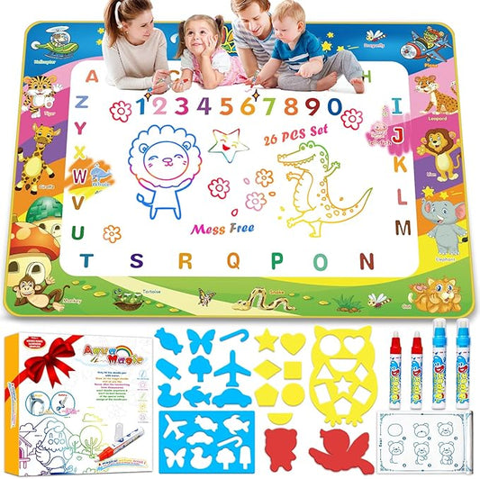 Wedopro Water Doodle Mat 40x30” - Mess-Free Toddler Toys for Ages 3-7 with 27 Pcs | Educational Drawing & Painting Mat for Kids with 24 ABC & Animals | Birthday Gift for Boys & Girls