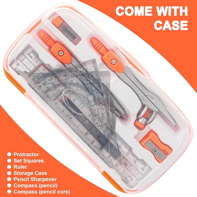 Akuoly Geometry Compass Set 2 Drafting Compasses with Maths Protractor Set Squares Ruler and More for Students Starters Homework etc. Orange