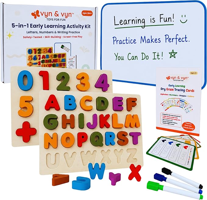 5-in-1 Wooden Puzzles for Toddlers 3-5 | Montessori Alphabet Number Shape Learning Toys | Magnetic Whiteboard, Flashcards & Markers | Preschool Educational Activity Kit | VYN & VYN (Multicolor)