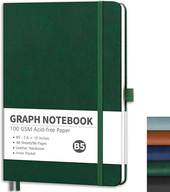 RETTACY Graph Grid Paper Notebook, 96 Pages, B5 Medium Size (7.6'' x 10''), 5 Squares per Inch, Leather Hardcover, 100 GSM Thick Paper, for School, Students, Math, Engineering (Dark Green)