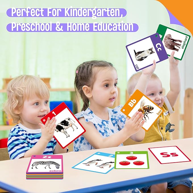 Alphabet & Number Flashcards, 36 Double-Sided Cards Uppercase & Lowercase Letter Cards, ABC, 123 & First Words Learning Cards for Preschool and Toddlers Learning (1 Reclosable Rings Attached)