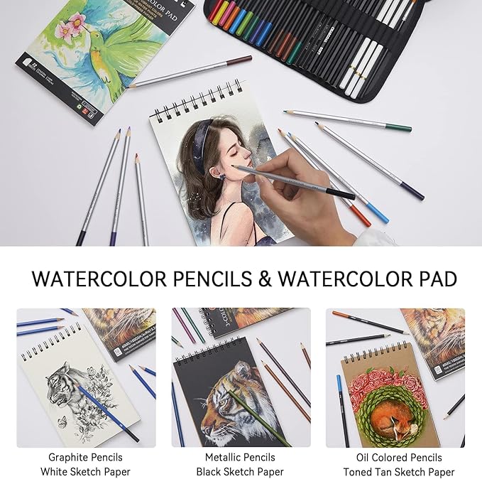 PANDAFLY 80 Drawing Sketching Kit Set - Pro Art Supplies with Sketchbook & Watercolor Paper - Include Tutorial,Pastel,Watercolor,Sketch,Colored,Metallic,Charcoal Pencils - for Beginners & Pro Artists