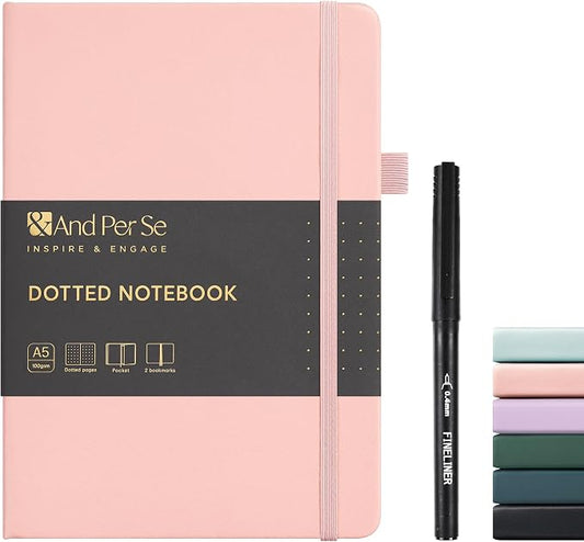 &And Per Se Dotted Journal Notebook, A5 Hardcover Dotted Notebook, 160 Pages 100GSM Thick Paper Dot Grid Journal with Fineliner Pen (Pink)