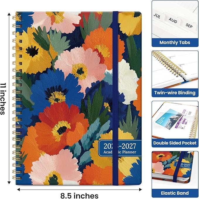 Planner 2026–2027, Academic Monthly Weekly Spiral Calendar, July 2026 – June 2027, Hardcover Agenda Notebook with Tabs, 8.5" x 11", Perfect for Students, Teachers, School & Daily Planning - Vivid Petals