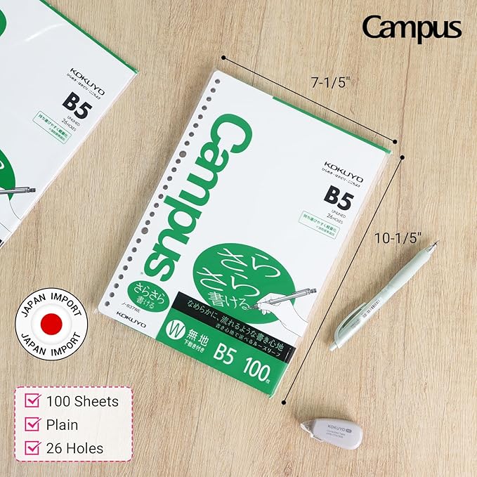 Kokuyo Campus Loose Leaf Paper, B5 Plain Filler Paper, 100 Sheets 75 GSM Sarasara Smooth Writing, 26 Holes, 10-1/4"x7-1/4” Binder Notebook Bleed Resistant Paper (NO-837WE)