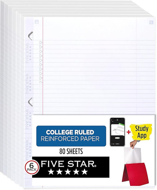 Five Star Loose Leaf Paper + Study App, 6 Pack, Notebook Paper, College Ruled Filler Paper, Reinforced, Fights Ink Bleed, 8.5 x 11, 80 Sheets per Pack (170025)