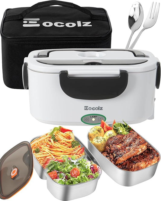 Eocolz Electric Lunch Box Food Heater 60-80W for Adults, Portable Food Warmer Heated Lunch Box for Car Truck Work with 1.5L Stainless Steel Container Fork & Spoon 12/24/110V Lonchera Eléctrica