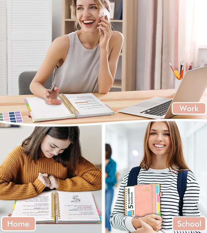 5 Subject Spiral Notebook Journal with Removable Dividers Tabs, 300 Pages Organizer Notebooks for Work School, A5 Hardcover Leather Notebook College Ruled, Lined Journal for Women Men，Pink