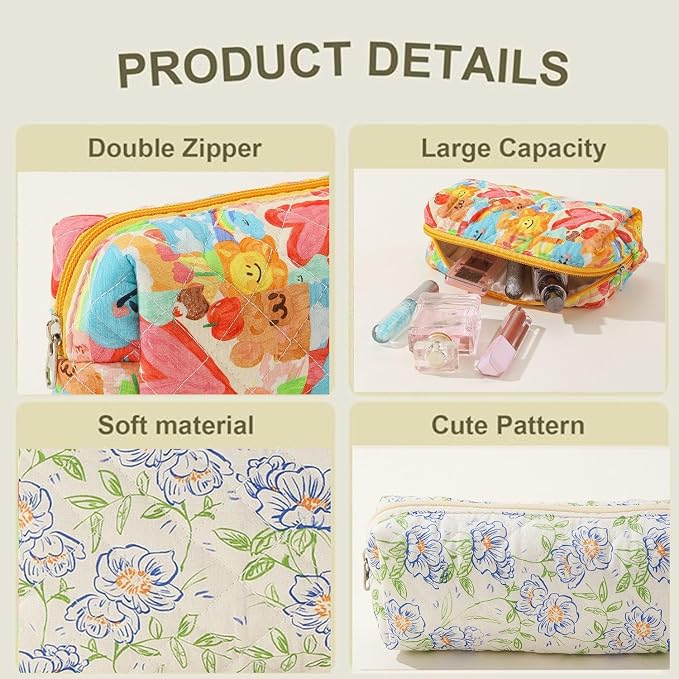 Cute Mini Quilted Makeup Bag for Women Travel Cosmetic Bags Lightweight Coquette Aesthetic Floral Toiletry Organizer Case (Green Leaf)