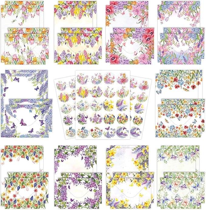 160 Pcs Stationery Paper Envelopes Set Includes 50 Writing Paper & 50 Envelopes with 60 Round Stickers, Cute Lovely Floral Letter Writing and Stationery Paper Envelopes for Girls Boy Office(10Style)