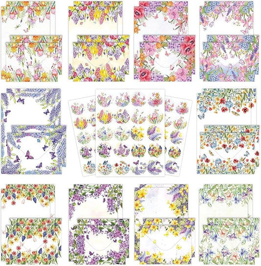 160 Pcs Stationery Paper Envelopes Set Includes 50 Writing Paper & 50 Envelopes with 60 Round Stickers, Cute Lovely Floral Letter Writing and Stationery Paper Envelopes for Girls Boy Office(10Style)