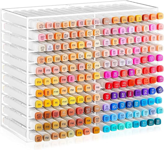MotiMind Acrylic Marker Organizer for 176 Marker, Large Art Pencil Holder Storage Rack for Desk, Pens Art Brushes Display Stand with 22 Compartments for Desktop, Office (Clear, 176 Capacity)