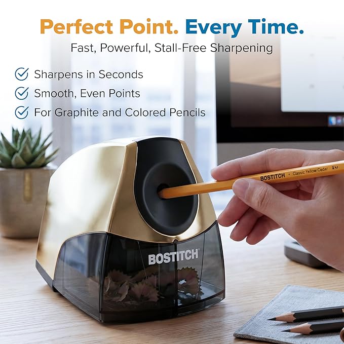 Bostitch Office Electric Pencil Sharpener for Classroom & Desk Use, Heavy-Duty Stall-Free Motor, High-Capacity Shavings Tray, Gold Chrome