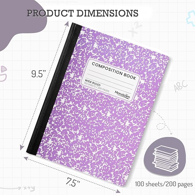 Manaloom Hardcover Wide Ruled Composition Notebook – Bright Colors, 100 Sheets, 200 Pages, 9.75 x 7.5 in – For School, Office, Note-Taking – 2 Pack