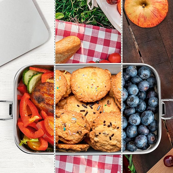 Leonyo 2 Pack 47oz 18/10 Stainless Steel Lunch Box, 1400ml Metal Bento Box for Adults with 2 Dividers, Leak-Proof Bento Snack Containers for Women Man, Dishwasher Safe, Oven Safe Except for Lid