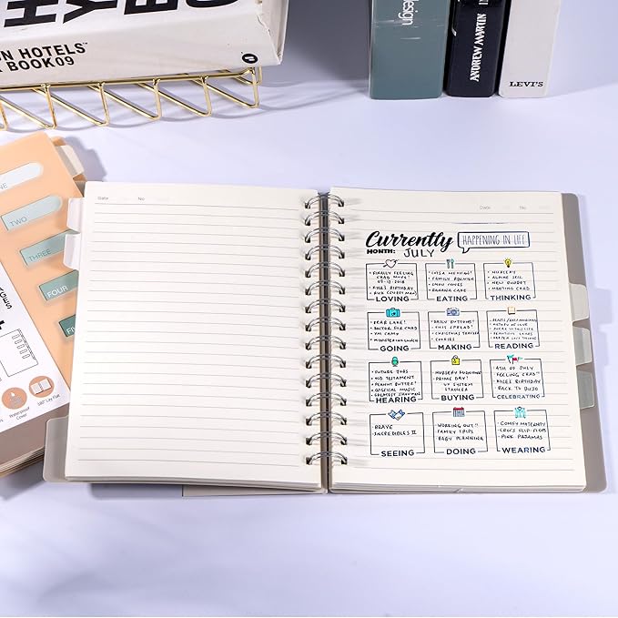 FLYING EAGLE Small 5 Subject Notebook College Ruled Spiral Notebook 5x7 with Dividers Tabs Waterproof Plastic Cover Thick Paper Notebooks for Work School, Grey
