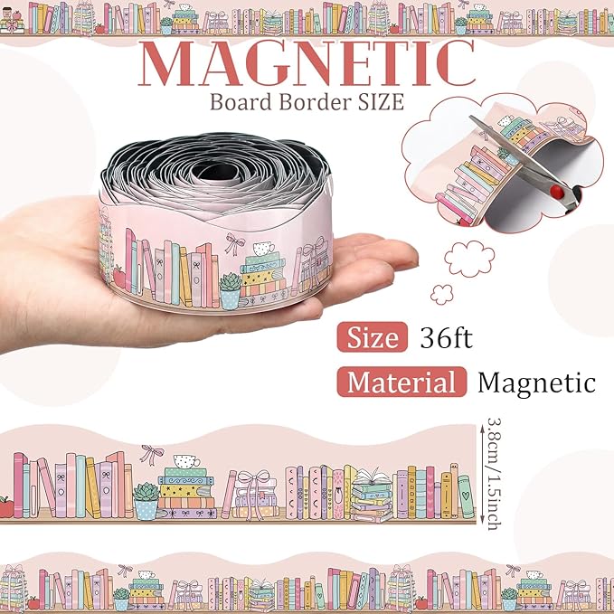 Tellegloww 36 ft Scalloped Magnetic Border Magnetic Border for Whiteboard Bulletin Board Borders Reusable Rolled Borders Trim for Office Chalkboard(Colored Books)