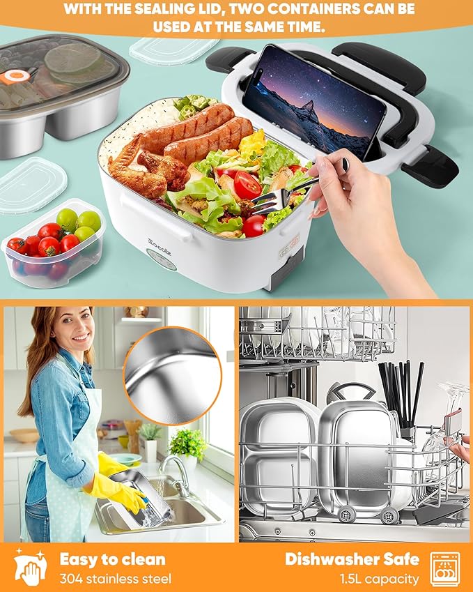 Eocolz Electric Lunch Box Food Heater 60-80W for Adults, Portable Food Warmer Heated Lunch Box for Car Truck Work with 1.5L Stainless Steel Container Fork & Spoon 12/24/110V Lonchera Eléctrica