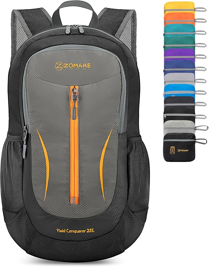 ZOMAKE Lightweight Packable Backpack 25L, Foldable Hiking Daypack | Water Resistant Small Folding Backpacks for Travel, Everyday Carry, Multi-Pocket Layout, Breathable Shoulder Strap