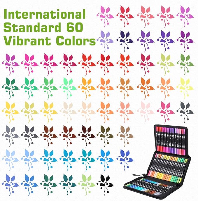 nauets 60 Colors Brush & Fine Dual Tip Watercolor Markers for Adult Coloring Books No Bleeding Professional Paint Pens For Drawing Note taking Planner Calligraphy Journaling Card Making Art Supplies