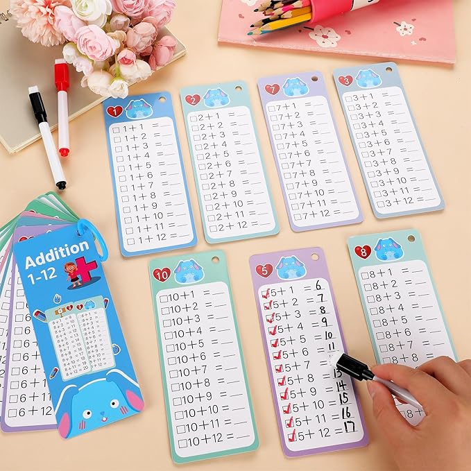 15Pcs Addition Flash Cards, Addition Chart 1-12 with 2 Dry Erase Pens 1 Rings, Time Table Flash Cards for 1st to 3rd Grades Fun Learning with Math Game