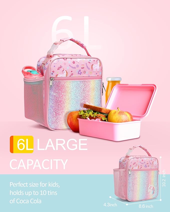 Bagseri 2 Pack Kids Lunch Box for Girls - Insulated Toddler Lunch Bag Fits Bento Box, Reusable Daycare Cooler Tote with Clip Handle, Water-Resistant Lining, Unicorn & Mermaid