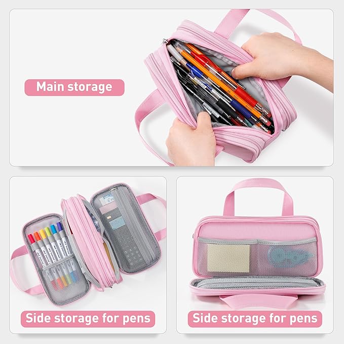 Zannaki Large Pencil Case, Big Capacity Pencil Pouch Pen Bag with 3 Compartment, Portable Canvas Stationery Organizer with Zipper, Cute Aesthetic School Supplies for Teen Girls Boys College,Pink