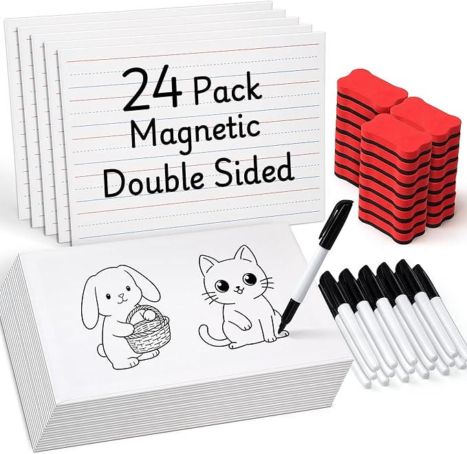 GAMENOTE White Board Dry Erase, Small Magnetic Lined White Board Set, Double Sided Magnet Ruled Lap Boards Whiteboard for Kids and Student Learning, 9x12 Inches (Pack of 24)