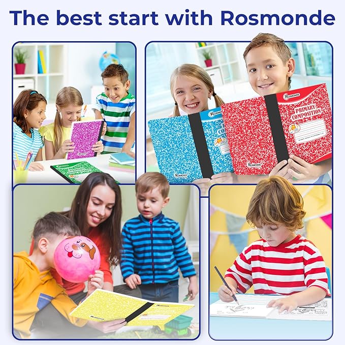 Rosmonde Composition Notebooks Primary Ruled, 12 Pack, 200 Pages (100 Sheets), Draw and Write Journal, Bulk Primary Composition Notebooks, Grades K-2, Hard Cover, Assorted Colors, Colors May Repeat