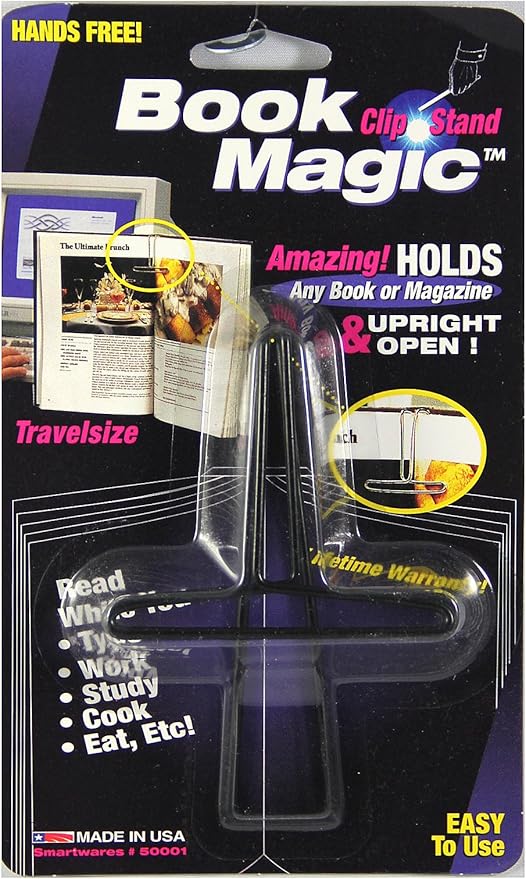 Book Magic Book Clip and Stand (Black), Portable, Metal Clip Holds Books Upright, for Reading, for Book Lovers, Made in USA