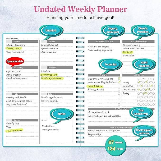 Planner, Asten Undated Weekly Planner Goal Planner Notebook, To Do List Planners Spiral Planner for Men and Women,PVC Hardcover,Elastic Closure, Inner Pocket 8.3" x 5.8" (Pink)