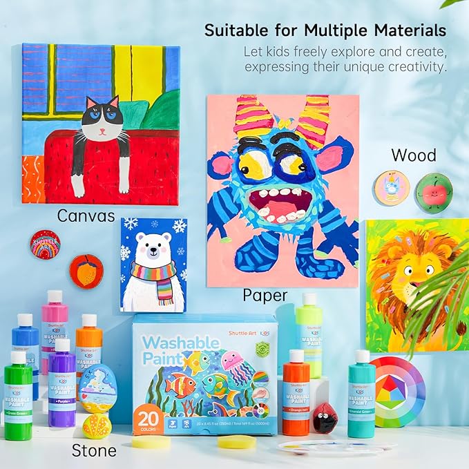 Shuttle Art 20 Colors Washable Paint for Kids, 8.45 oz Bulk Tempera Paint, Non-Toxic Kids Washable Paint for Art and Crafts, School & Home Must Haves