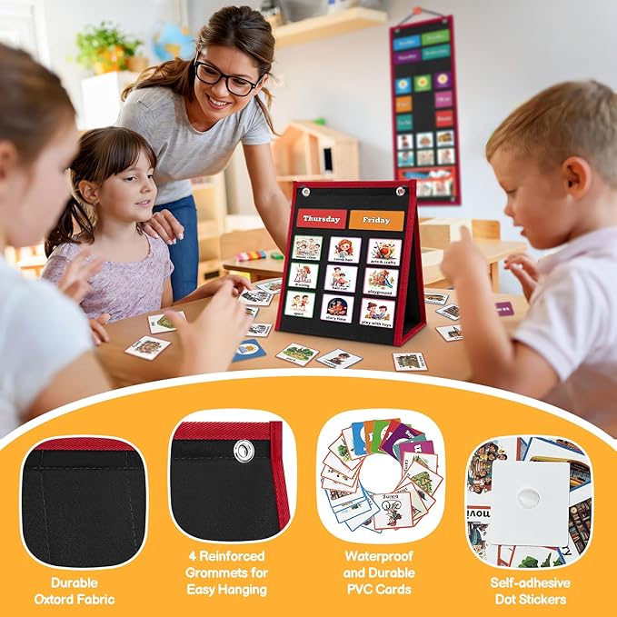 PITCOTT Visual Schedule for Kids Chore Chart，2 in 1 Daily Schedule Board Routine Pocket Chart Cards for Toddlers,Autism Learning Materials Tool Wall Planner for Home School with 103 Cards （Black）