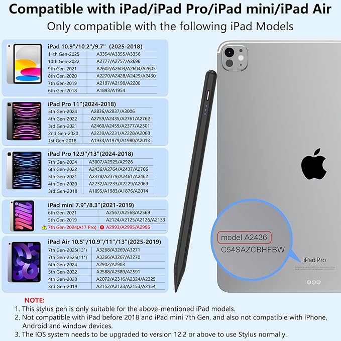 Stylus Pen for iPad 2018-2025 with Palm Rejection, Active Pencil for iPad 10th/9th/8th/7th/6th Generation, for iPad Pro 11/12.9 inch, for iPad Air 5th/4th/3th Gen, for iPad Mini 6th/5th Gen (Black)