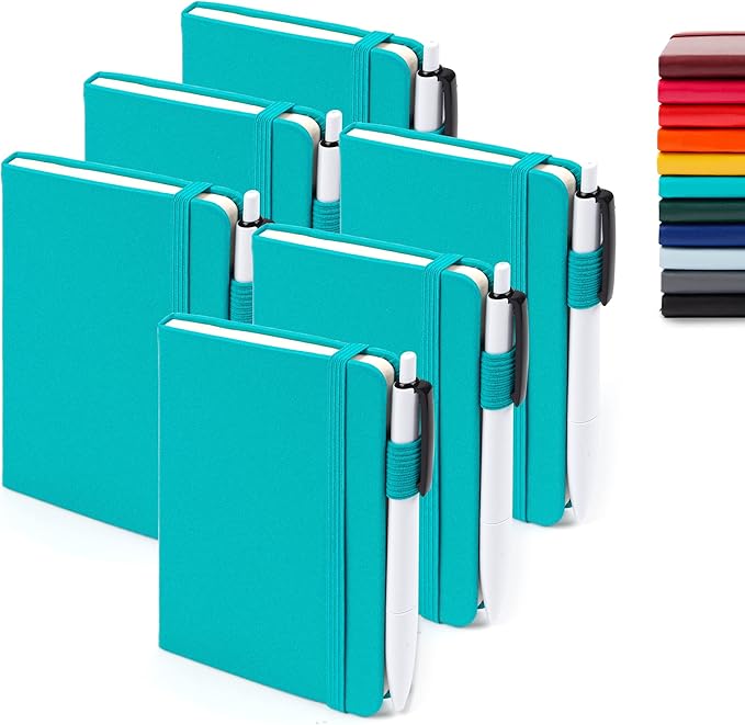 feela 6 Pack Pocket Mini Notebooks Bulk, Small Cute Memo Notepads Hardcover College Ruled Lined Journals with Pen Holder for School Business Work, with 6 Black Pens, 3.5”x 5.5”, A6, Emerald