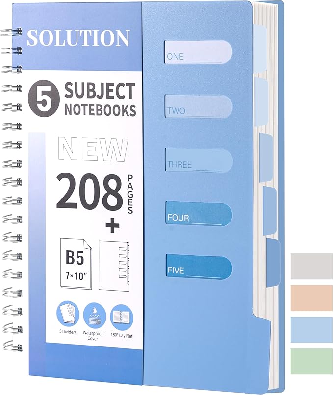 FLYING EAGLE Small Spiral Notebook 5 Subject Notebook Wide Ruled with Dividers Tabs Waterproof Plastic Cover Thick Paper Notebooks for Work School, 7x10 Blue