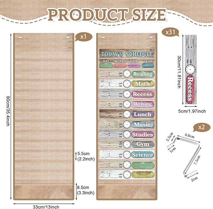 Pasimy Daily Schedule Pocket Chart with 31 Reusable Cards and 14 Pockets Classroom Decor Farmhouse Schedule Charts for School Office Home Educational Activity (Burlap)