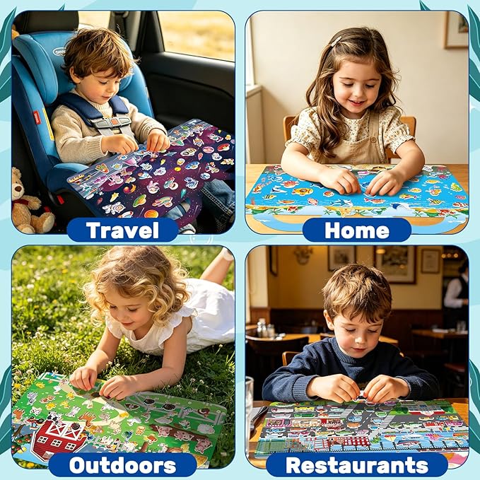 Elfew 6Pack Reusable Sticker Books for Toddlers 2-4, 3D Puffy Sticker Books for Kids Ages 1-3 3-5 with 6 Themes, Waterproof Mess-Free Sticker Activity Book, Travel Toys Birthday Gifts for Boys Girls