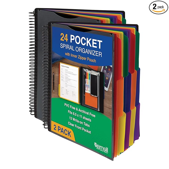Samsill Spiral Folder Organizer (2-Pack) - 12 Dividers & 24 Pockets with Zipper Pouch, Multi Pocket Color Cordinated Folder Binder with Customizable Tabs, Document Organizer (Basic)