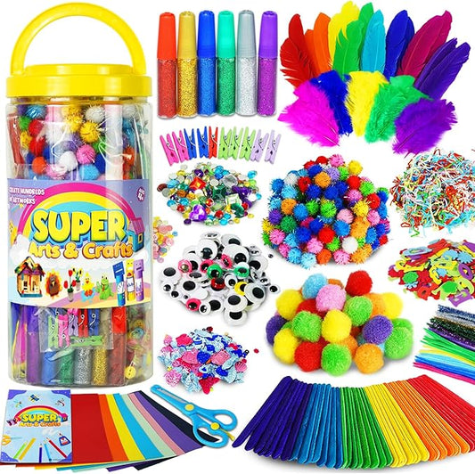 FUNZBO Arts and Crafts Supplies for Kids - Kindergarten School Craft Kit with Glitter Glue Stick, Glue, Pipe Cleaners Craft and Kids' Scissor, Birthday Gifts for Toddler Girls Boys Age 4+