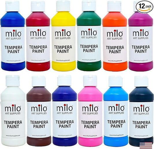 milo Washable Paint | 12 Colors 8 oz Bottles | Made in the USA | Safe and Non-Toxic Tempera Paint for Arts & Crafts, Poster, Window, Classroom, School