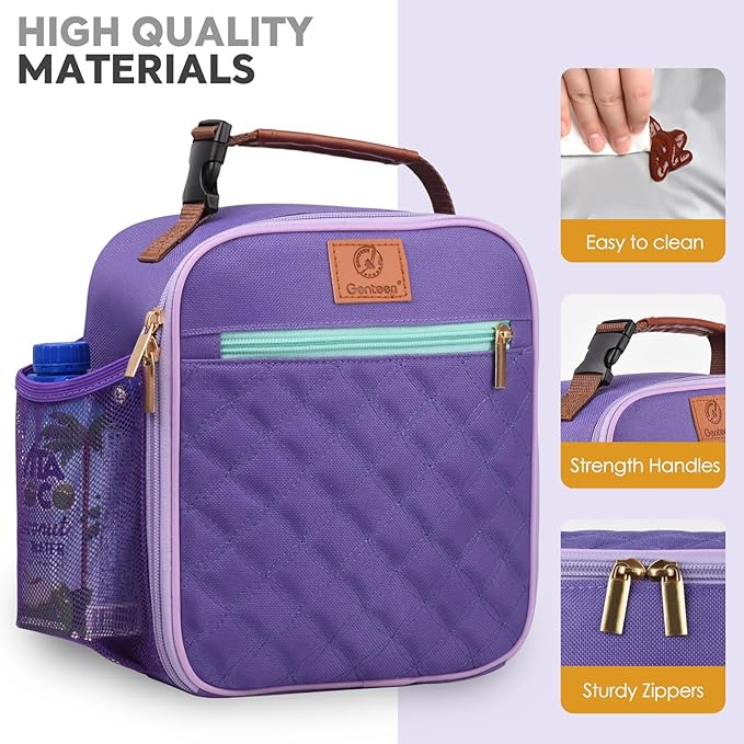 Genteen Kids Lunch Box, Lunch bag for Girls Teen,Insulated Soft Mini Cooler with Bottle Holder, Lightweight Reusable East-Clean LunchBox Back to School-Purple